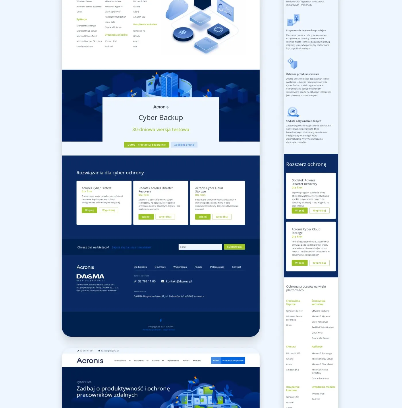 Acronis - tabela porównania planów, sekcja produktu Cyber Backup i granatowy blok z danymi kontaktowymi; kontynuacja widoku mobilnego.