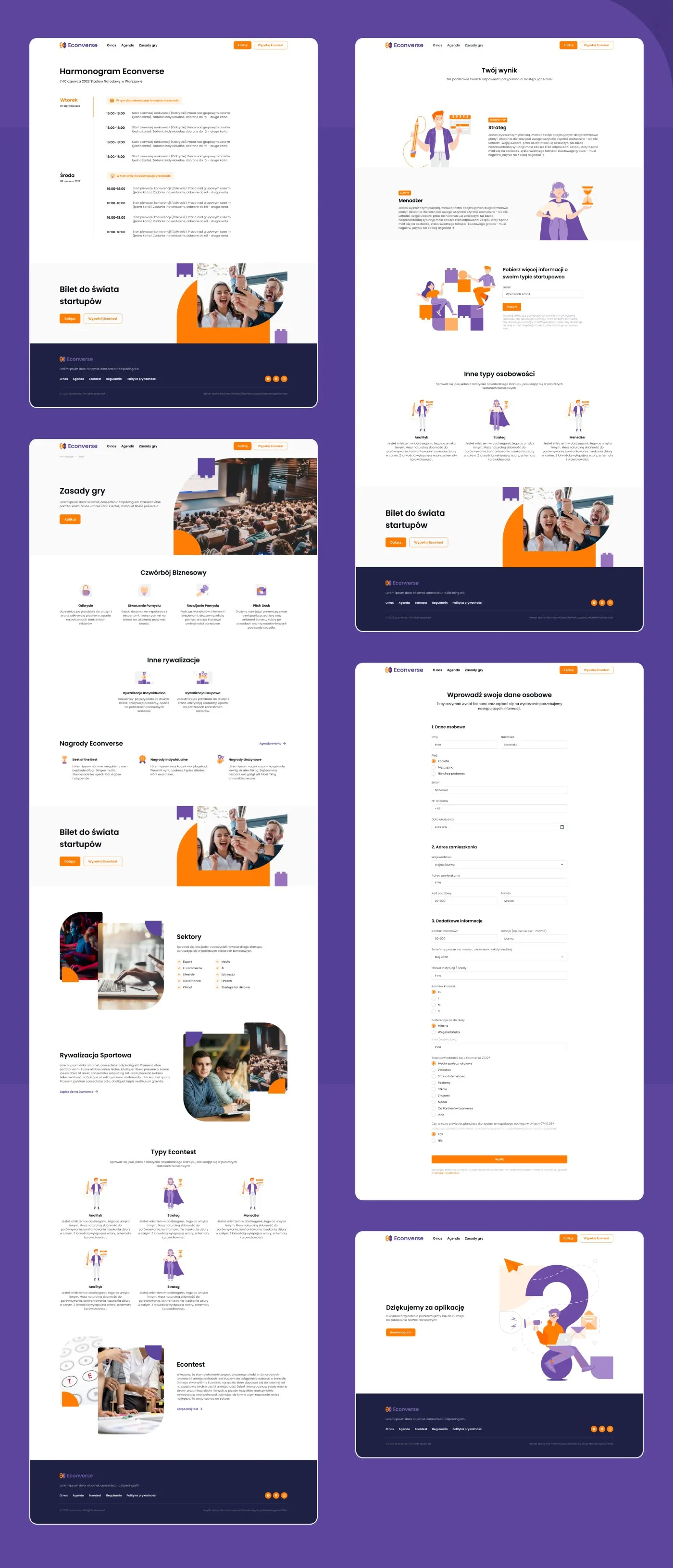 Econverse - podstrony serwisu: strony informacyjne, regulamin oraz formularz zgłoszeniowy, w wersji desktop i mobilnej.