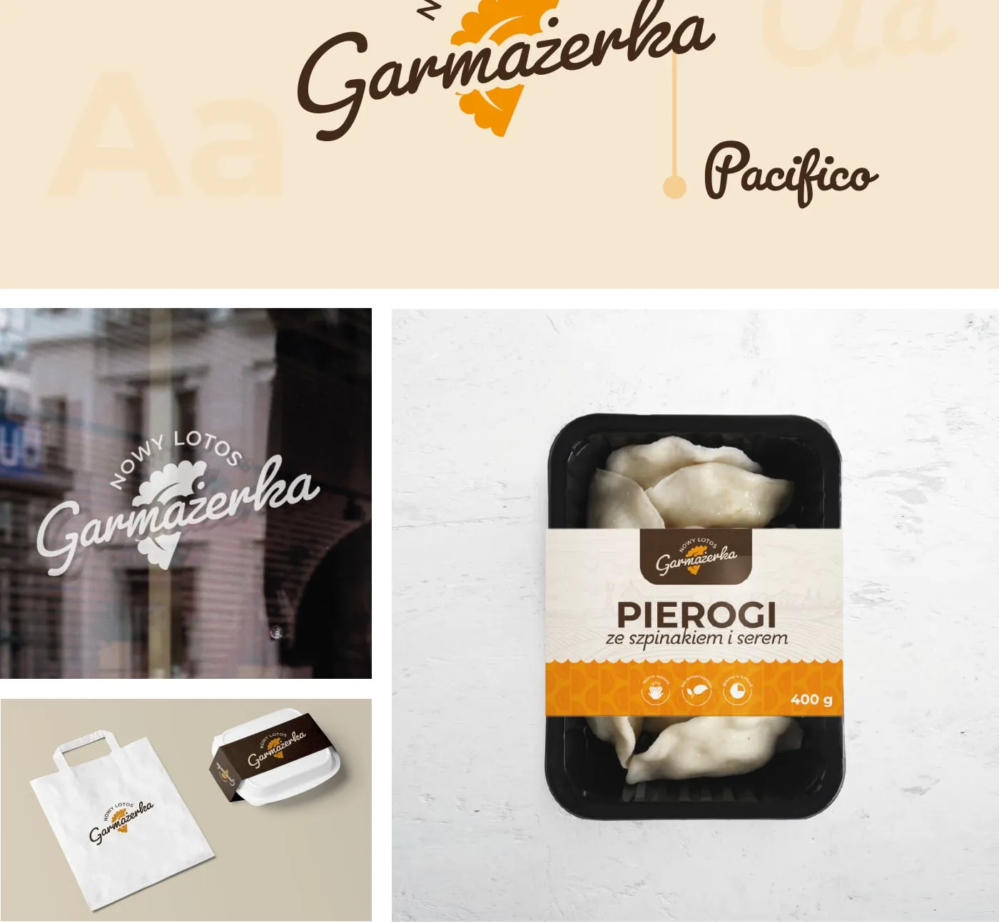 Nowy Lotos - logo na witrynie sklepu, opakowanie produktu („Pierogi ze szpinakiem i serem, 400 g") oraz torba papierowa i pojemnik.