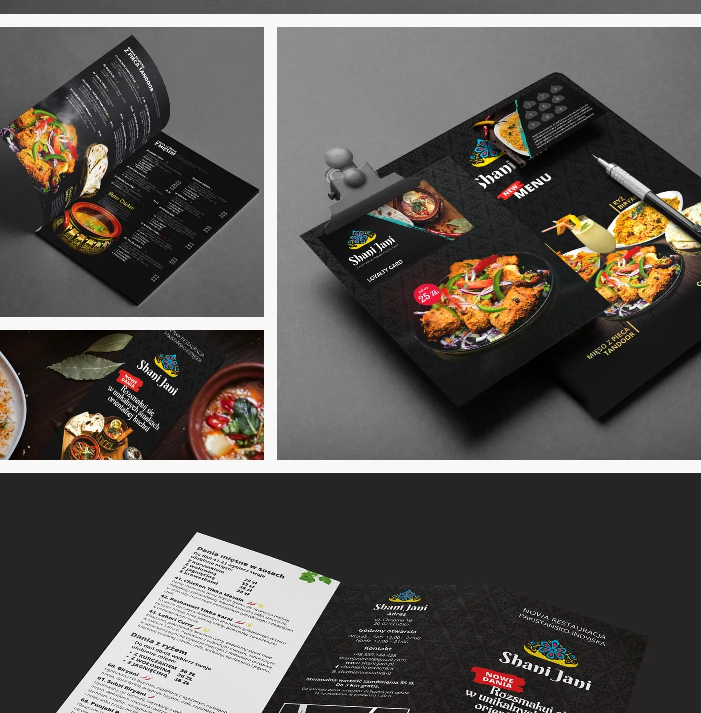Shani Jani - makiety składanego menu i ulotek ze zdjęciami dań kuchni orientalnej (tandoor, curry) oraz karta lojalnościowa.