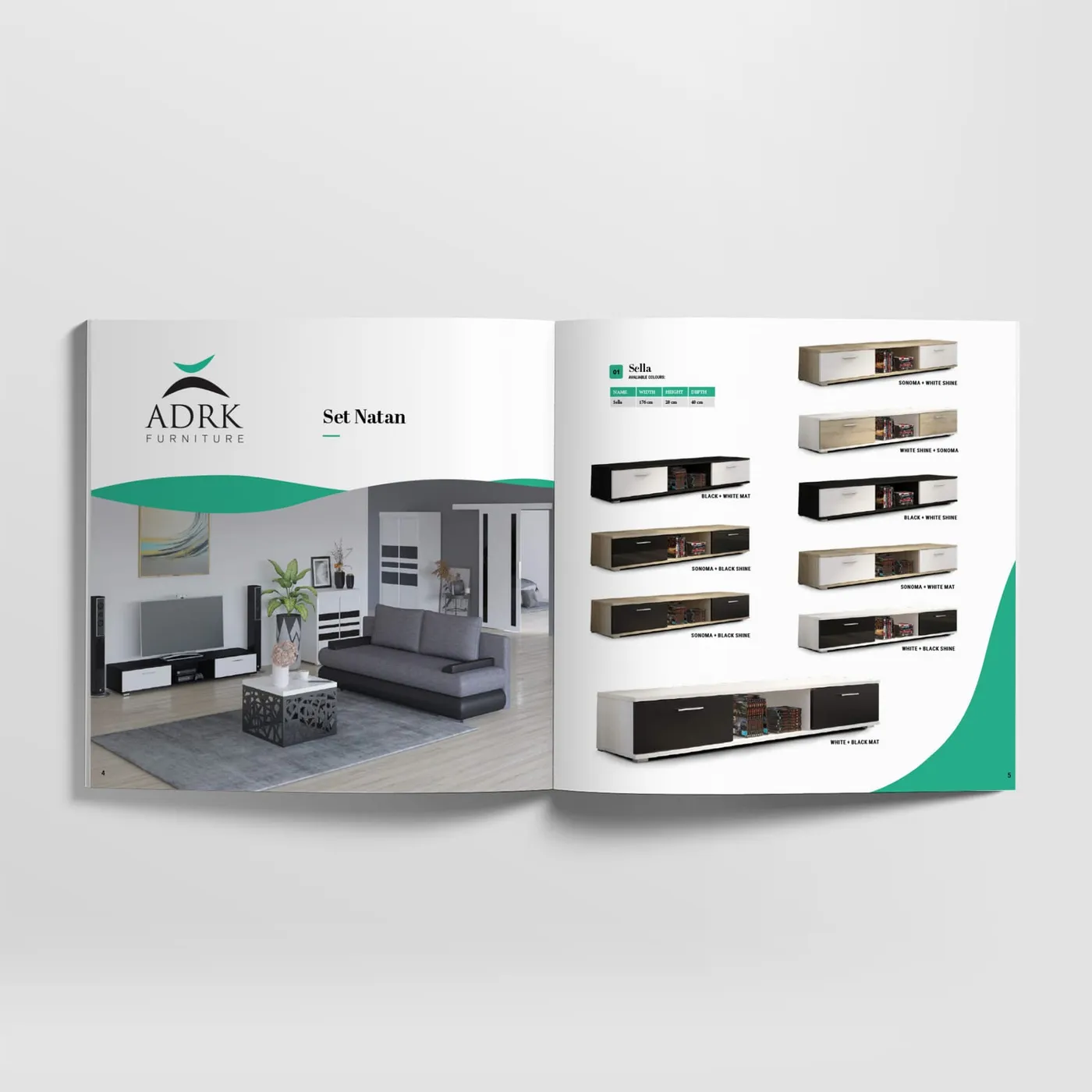ADRK Furniture - rozkładówka zestawu Natan na jasnym tle: aranżacja pokoju dziennego i lista brył meblowych z wymiarami.