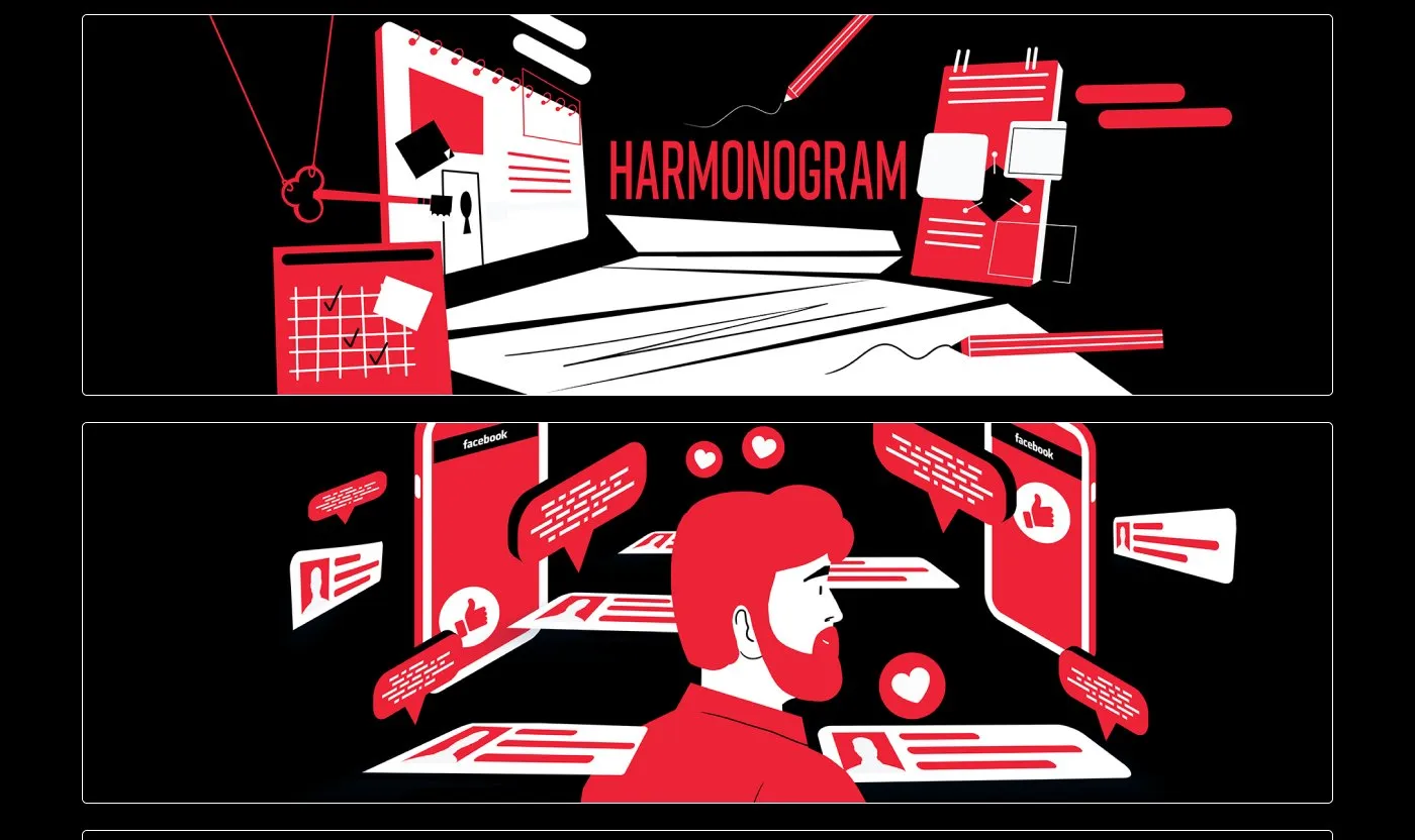 Bold - ilustracja „Harmonogram" ze sceną planowania i kalendarzem, na czarnym tle.