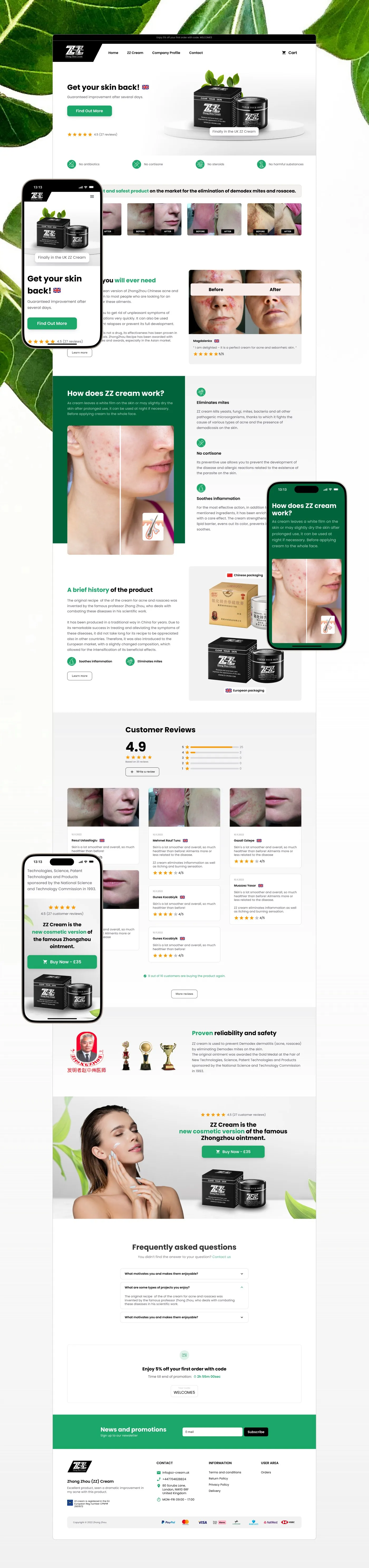 ZhongZhou - strona sklepu w pełnej wysokości na desktopie i telefonie: hasło „Get your skin back!", galeria zdjęć przed i po, sekcja „How does ZZ cream work?" z listą działania kremu, historia produktu z opakowaniem chińskim i europejskim, opinie klientów (ocena 4,9) oraz nagrody za jakość i bezpieczeństwo.