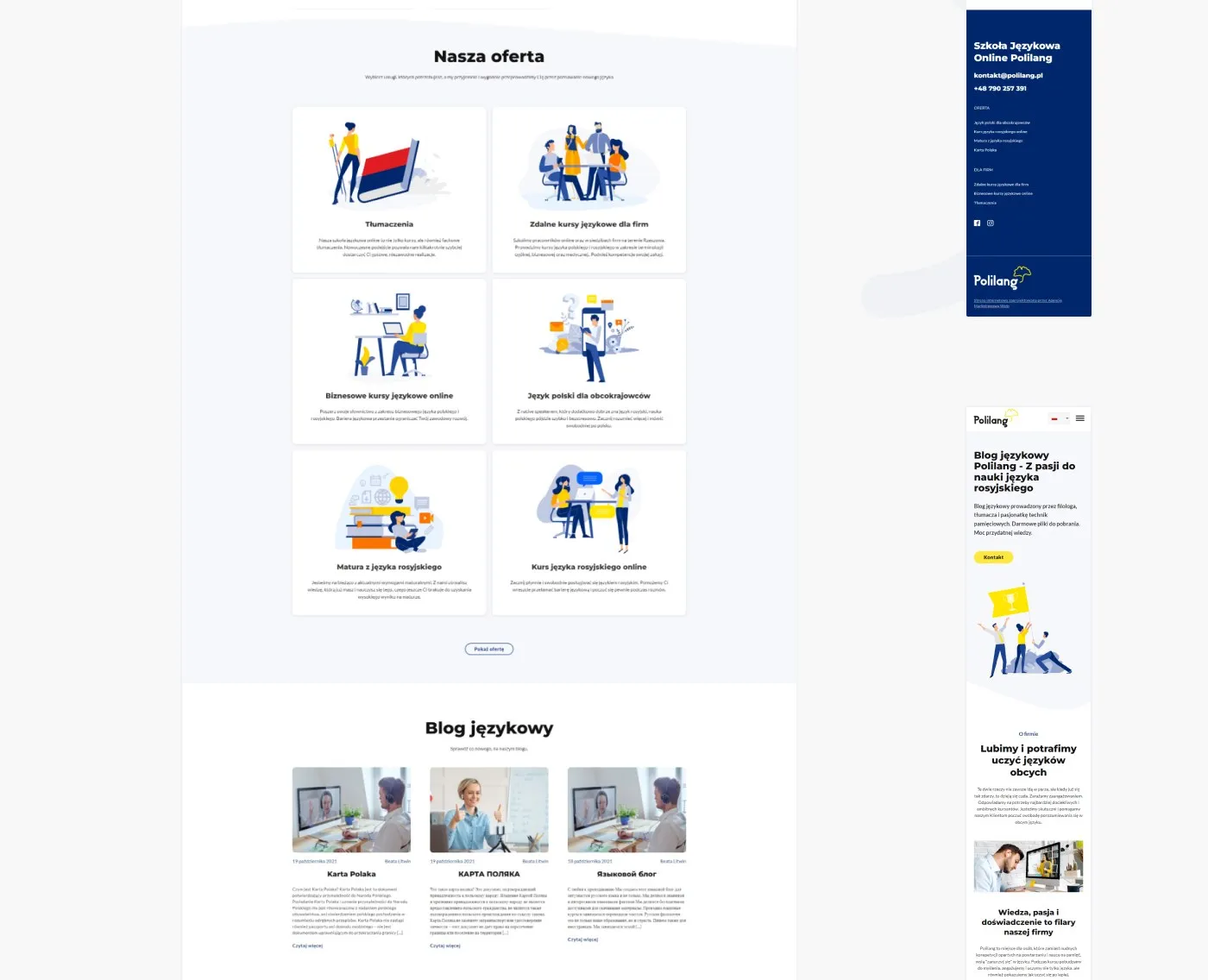 Polilang - kolejne sekcje projektu strony szkoły językowej: oferta kursów, metoda nauki i blog, w wersji desktop i mobilnej.