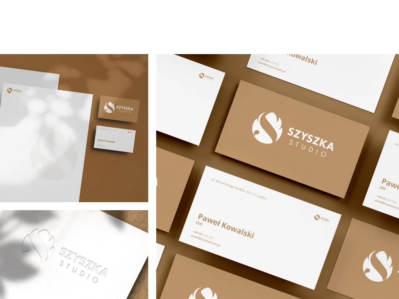 Szyszka Studio - papeteria i wizytówki: flat-lay z papierem firmowym, wachlarz wizytówek (karmel + biel, „Paweł Kowalski, CEO") i tłoczone logo.