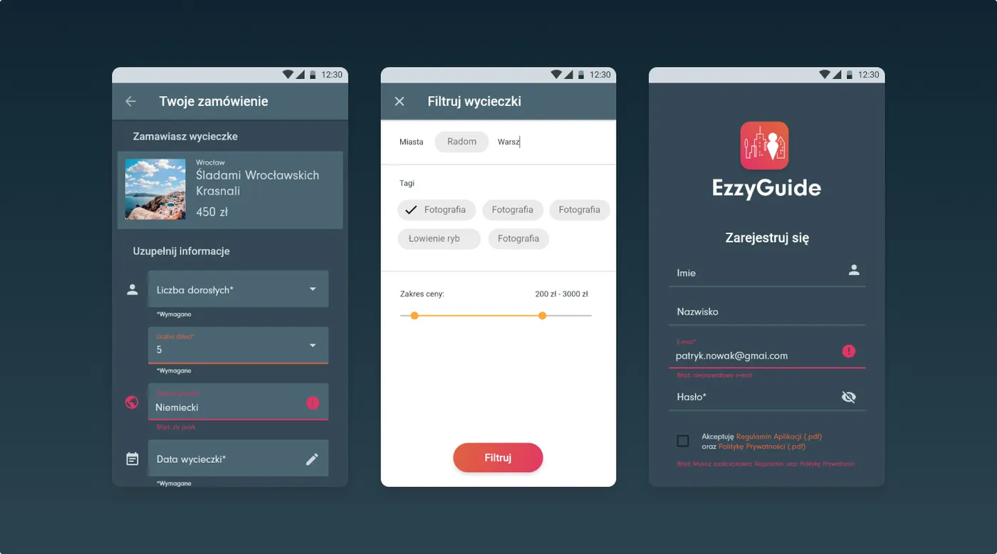 EzzyGuide - trzy telefony: formularz zamówienia wycieczki z liczbą uczestników, językiem i datą, ekran filtrowania wycieczek po mieście, tagach i zakresie ceny, obok formularz rejestracji z imieniem, nazwiskiem, e-mailem i hasłem.