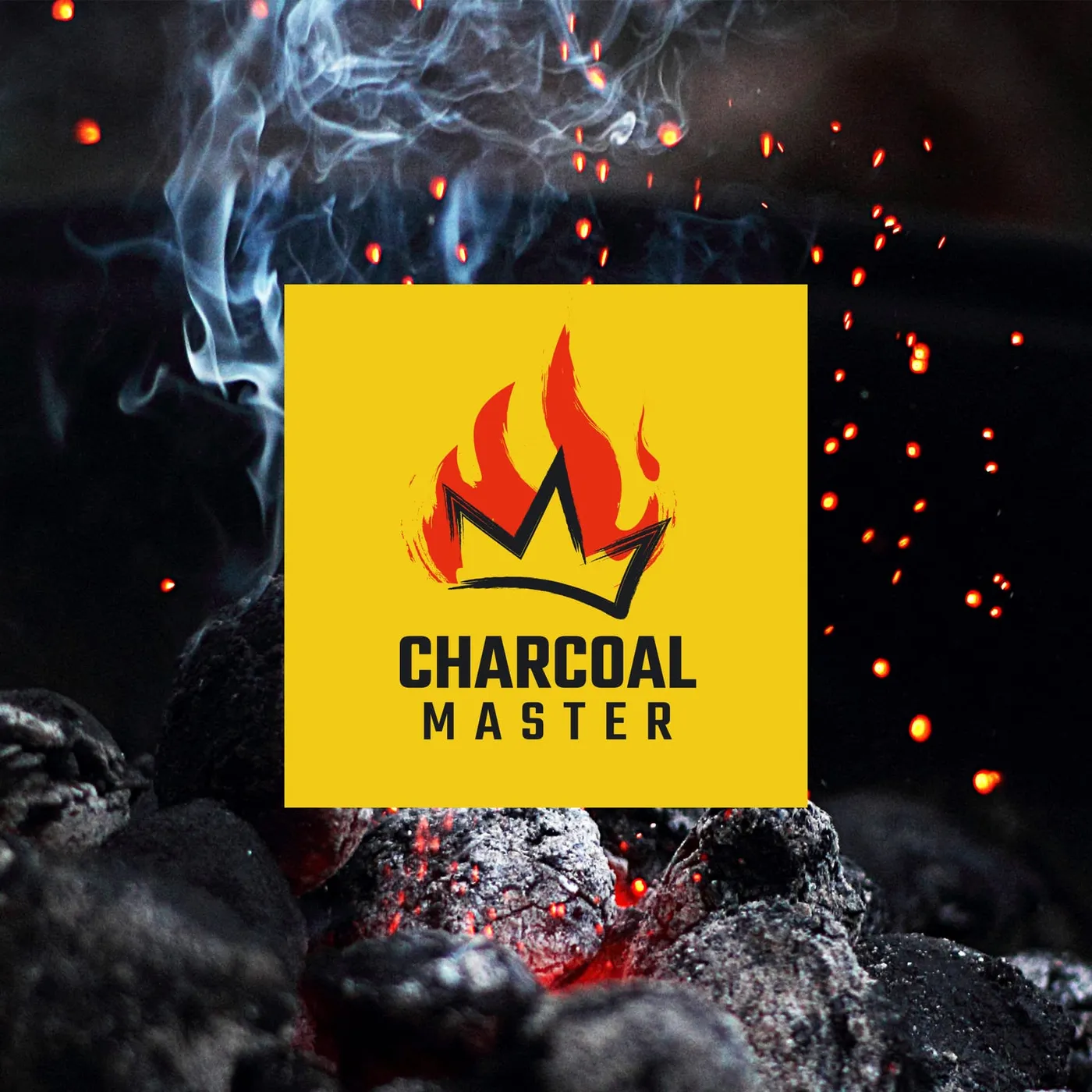 Charcoal Master - logo marki na żółtym tle, na rozżarzonych węglach z dymem w tle.