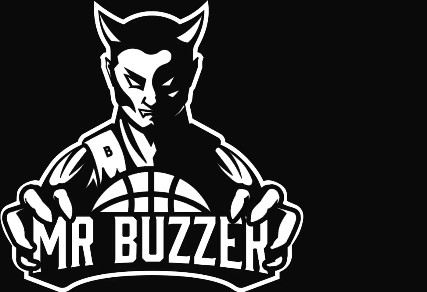 Mr Buzzer - biały, jednokolorowy wariant loga (maskotka demona z piłką i napisem „Mr Buzzer") na czarnym tle.