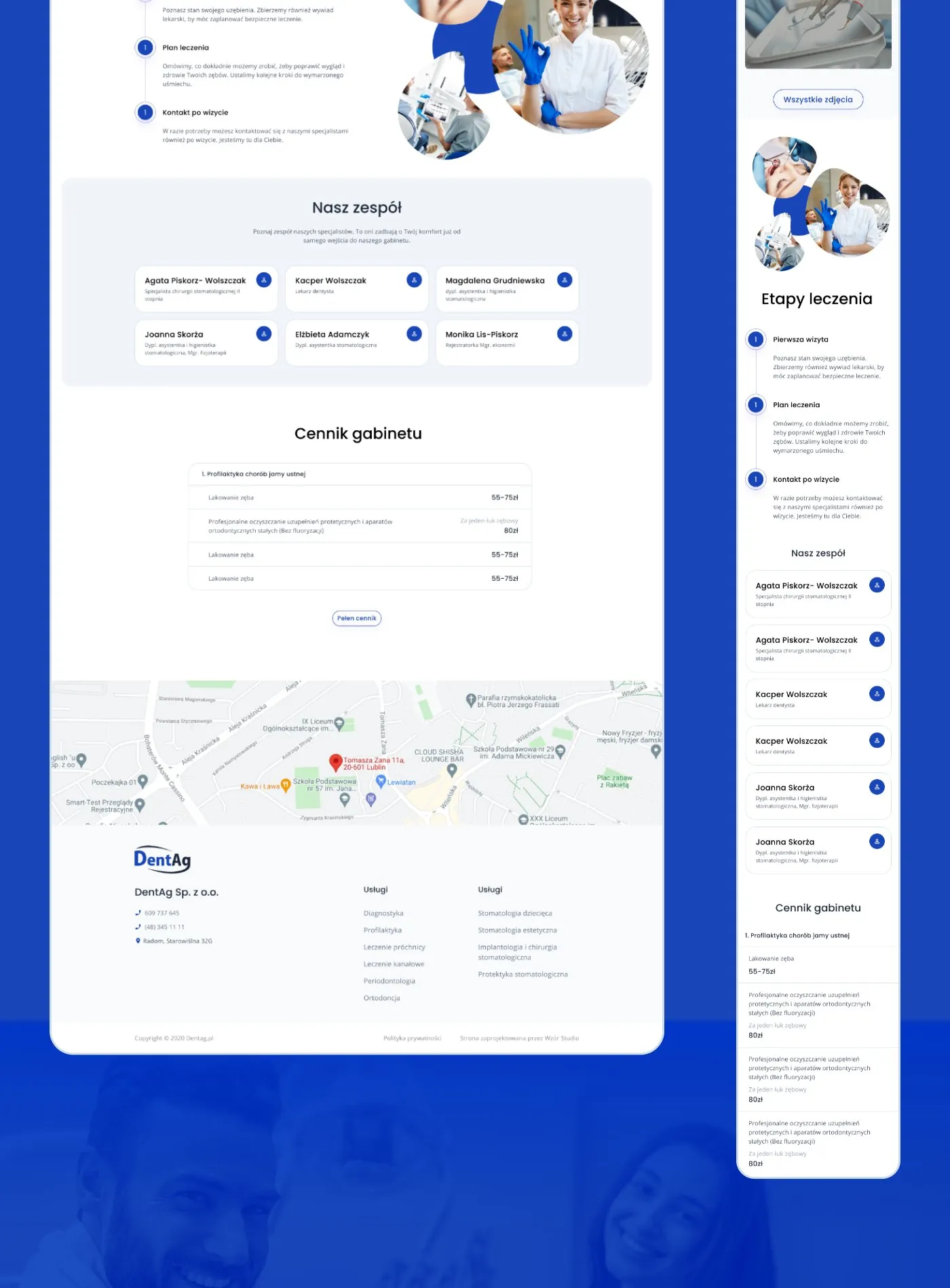 DentAg - sekcje „Zadbaj o swój uśmiech", etapy leczenia, zespół, cennik gabinetu i mapa dojazdu; kontynuacja widoku mobilnego.
