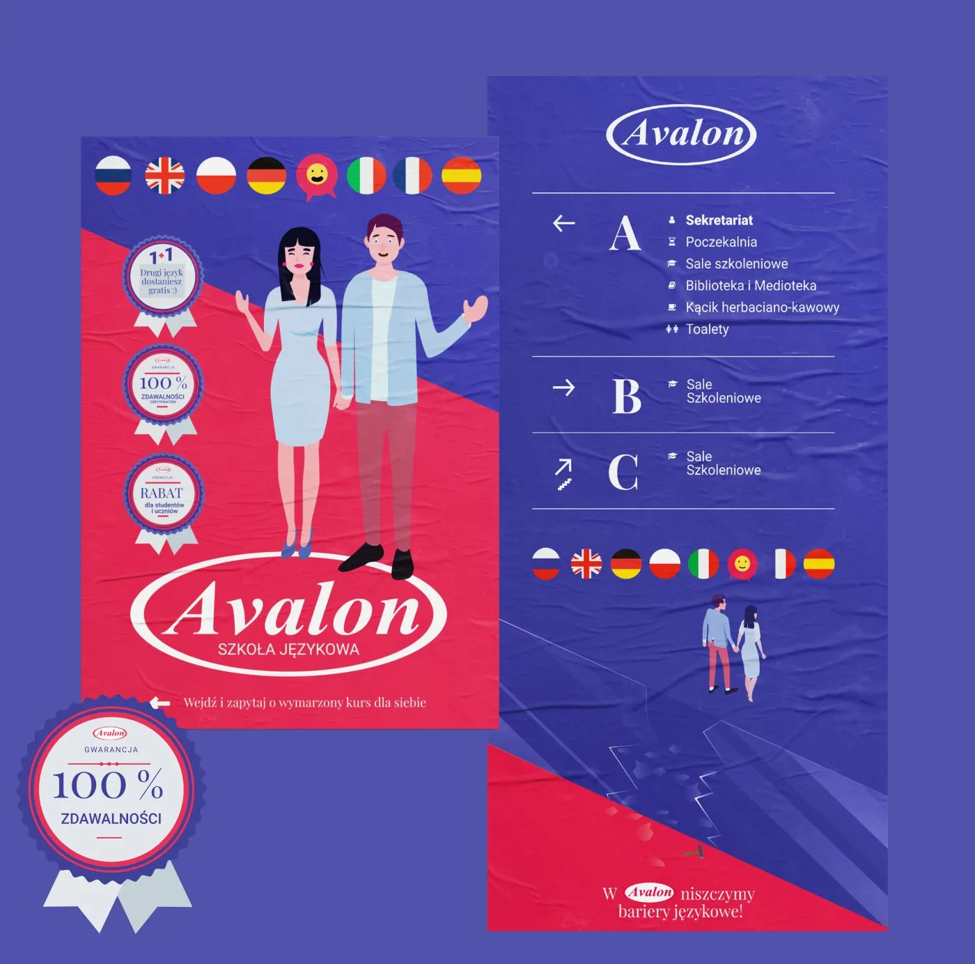 Avalon - ulotka szkoły z logo w owalu, flagami języków i listą kursów oraz odznaka „100% zadowolonych", w fiolecie i czerwieni.
