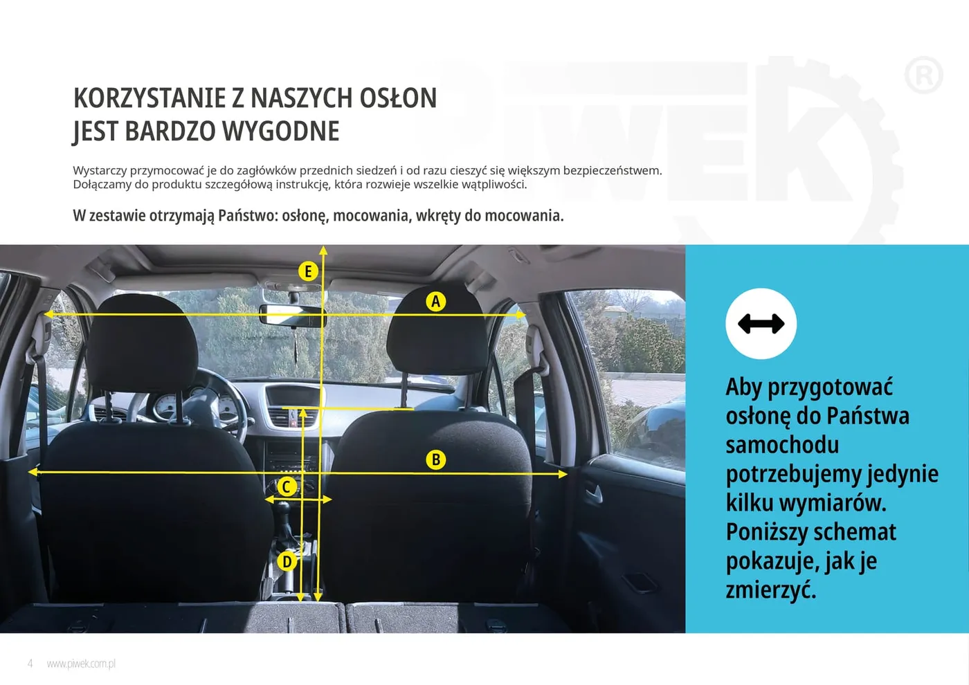 Piwek - strona z instrukcją pomiaru: zdjęcie wnętrza samochodu z zaznaczonymi punktami pomiarowymi A–E potrzebnymi do dopasowania osłony.