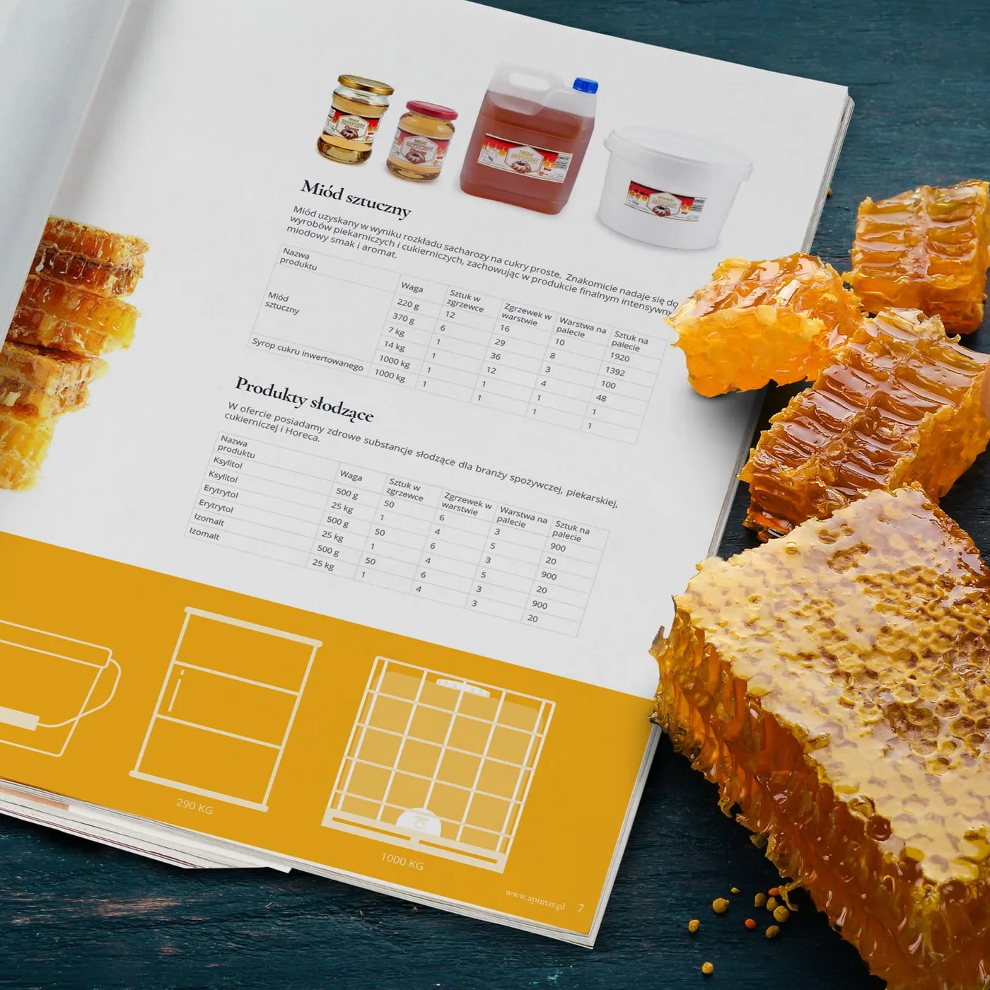 Zbliżenie na strony katalogu Apimar z tabelą produktową miodu oraz grafiką opakowań, na tle plastra miodu.