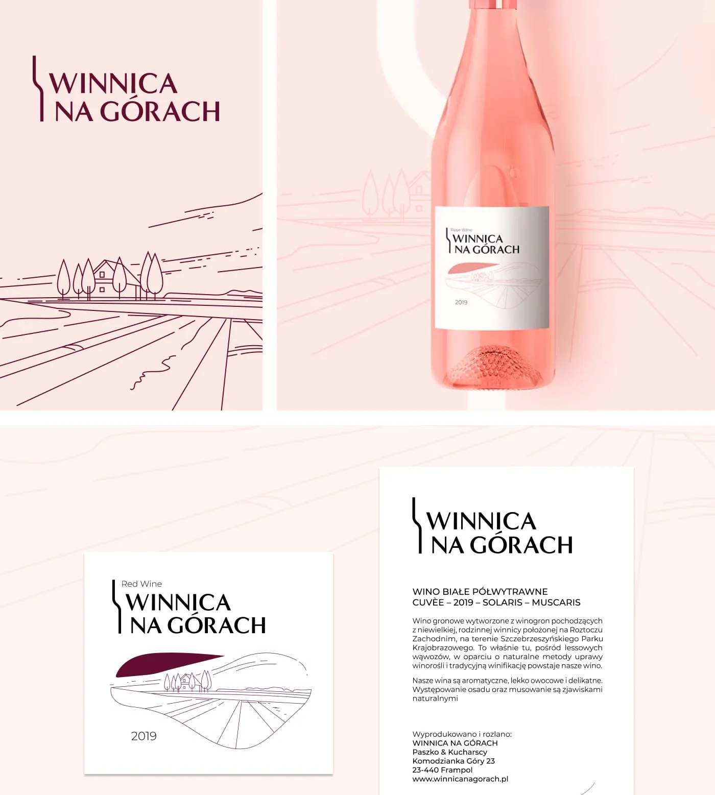 Winnica na Górach - typografia marki (MinervaModern Bold, specimen „Aa"), liniowy rysunek winnicy i makieta butelki wina różowego.