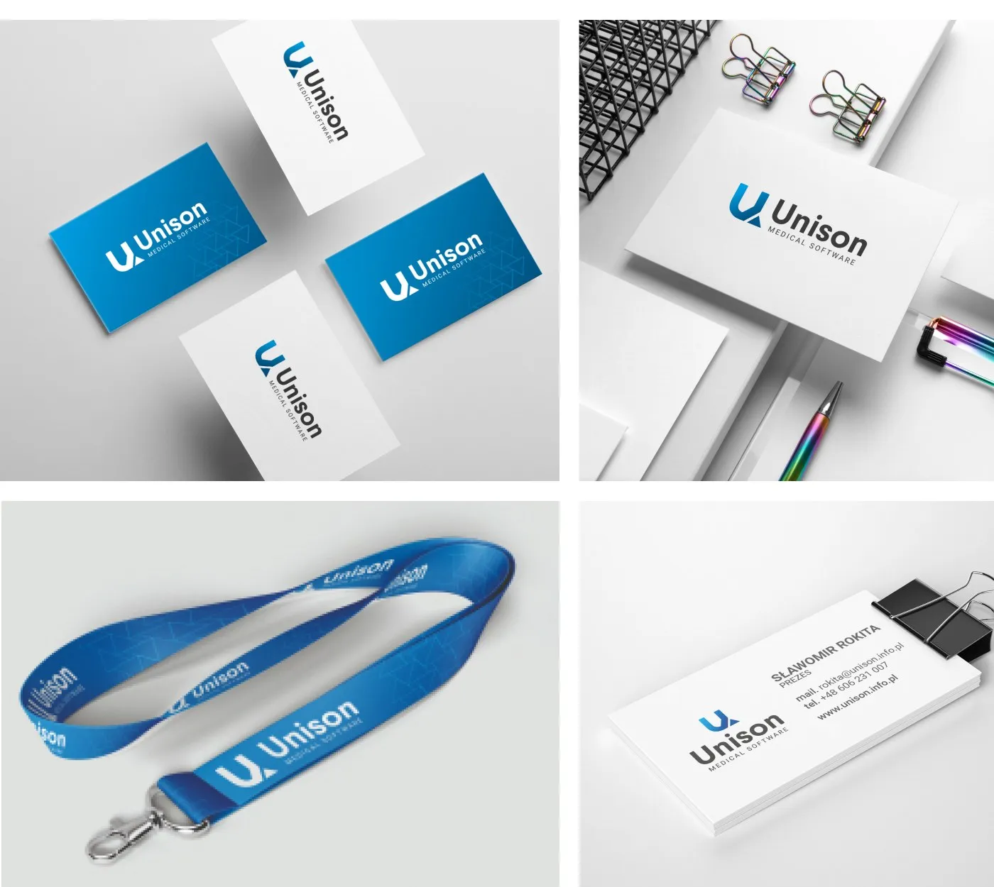 Unison - wizytówki w wersji niebieskiej i białej, smycz z identyfikatorem oraz papier firmowy z logo.