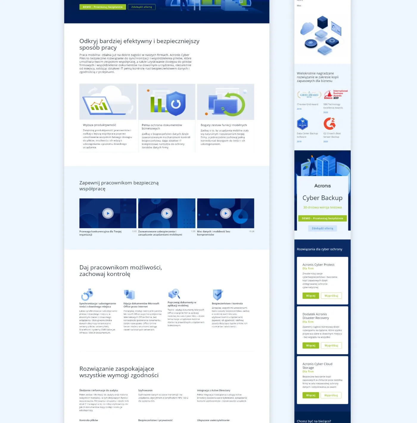 Acronis - podstrona z korzyściami wdrożenia, wykresami i logotypami zaufanych klientów oraz niebieski pas z wezwaniem do działania.