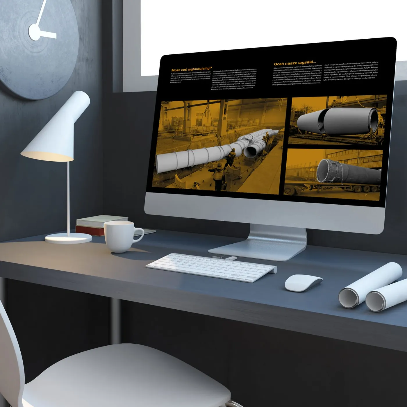 Lavaster - rozkładówka „Może coś wybudujemy?" i „Oceń nasze wysiłki" wyświetlona na monitorze iMac w domowym biurze: zdjęcia transportu i montażu stalowych rur w bursztynowej tonacji.