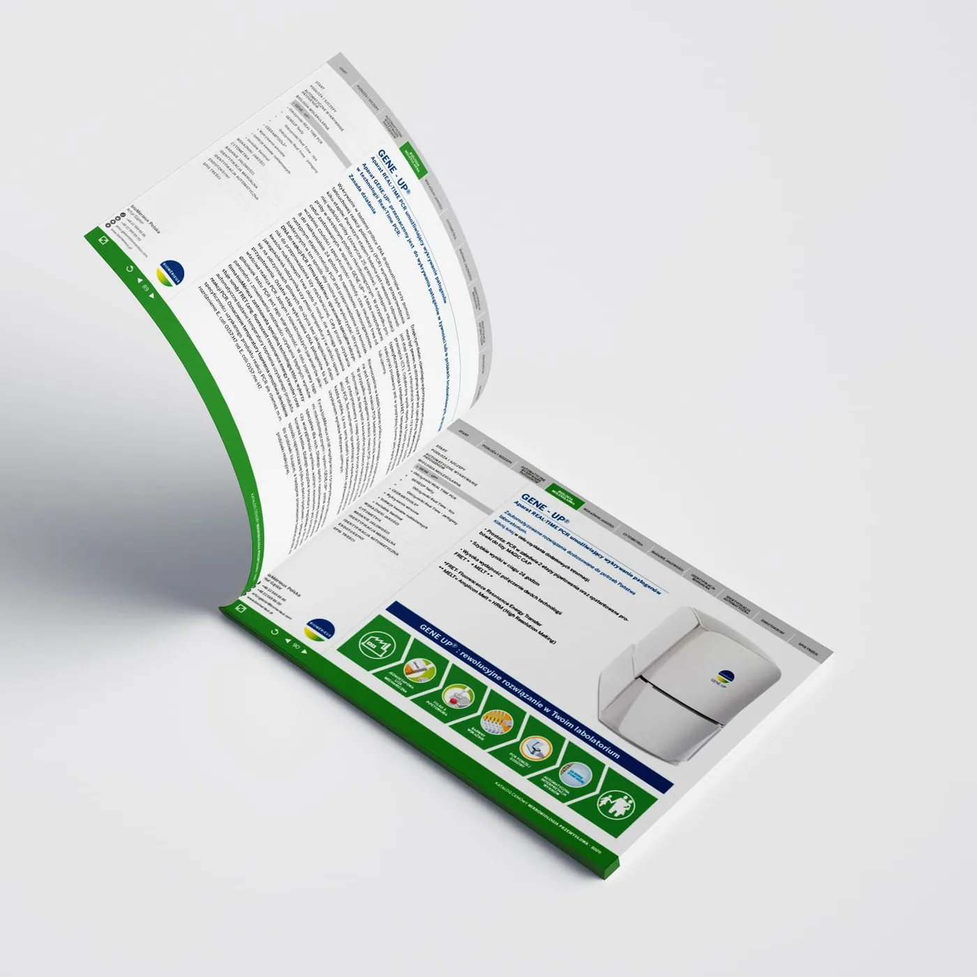 Katalog bioMérieux z unoszącą się stroną - dział „Biologia molekularna" ze zdjęciem aparatu GENE-UP oraz opisem technologii Real-Time PCR.
