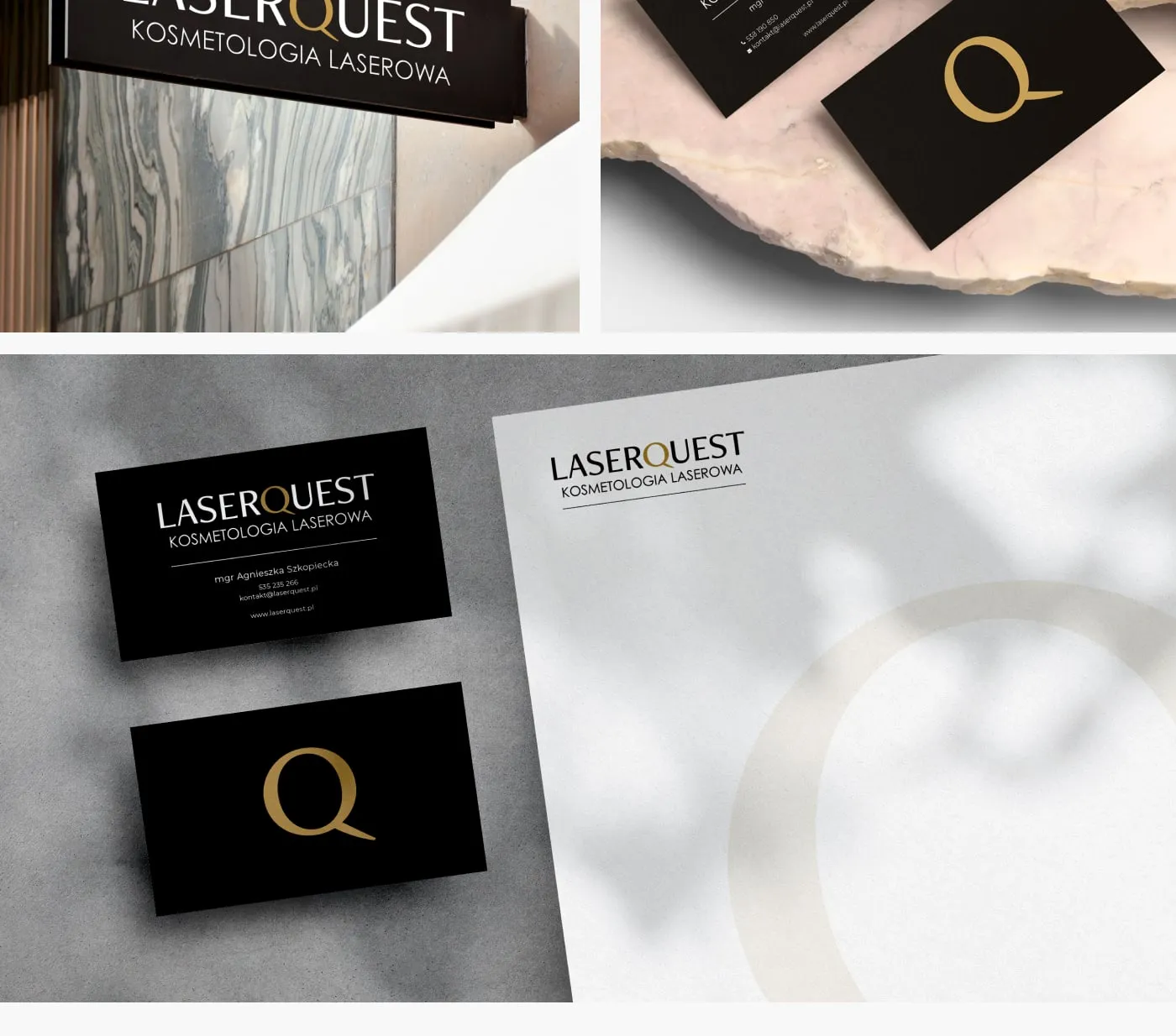 LaserQuest - wizytówki i papier firmowy ze złotym monogramem „Q" na szarym tle.