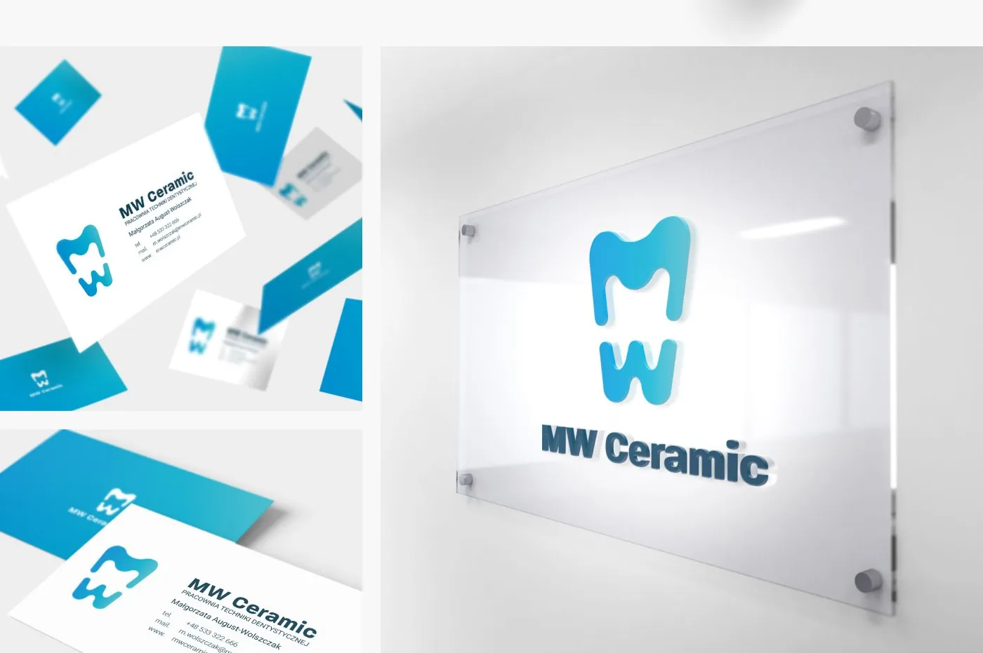 MW Ceramic - wizytówki oraz logo na szklanej tablicy w przestrzeni pracowni.