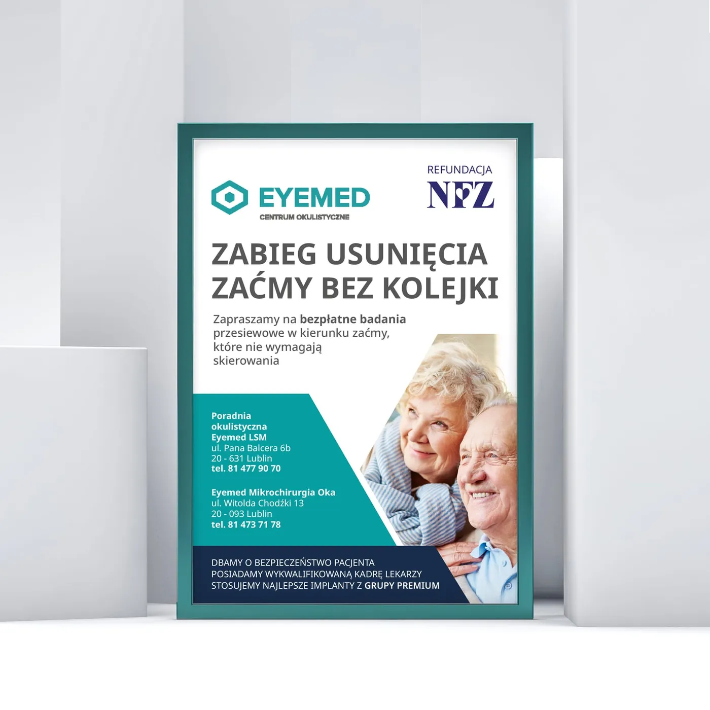 EYEMED - plakat kampanii „Zabieg usunięcia zaćmy bez kolejki” z fotografią starszej pary i zaproszeniem na bezpłatne badania przesiewowe.