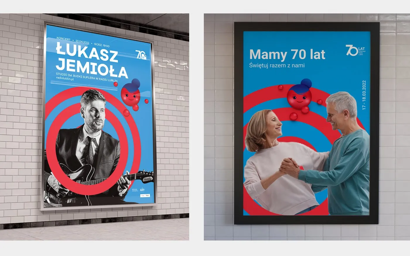 Radio Lublin - plakaty kampanii: koncert „Łukasz Jemioła" oraz „Mamy 70 lat" ze zdjęciem tańczącej pary, w gablotach.