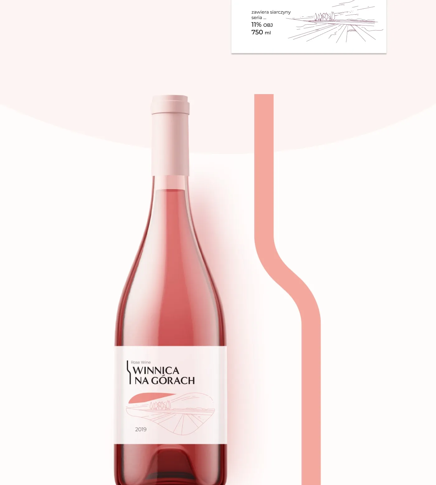 Winnica na Górach - przednia i tylna etykieta („Wino białe półwytrawne Cuvée 2019, Solaris–Muscaris") z danymi producenta oraz makieta butelki.