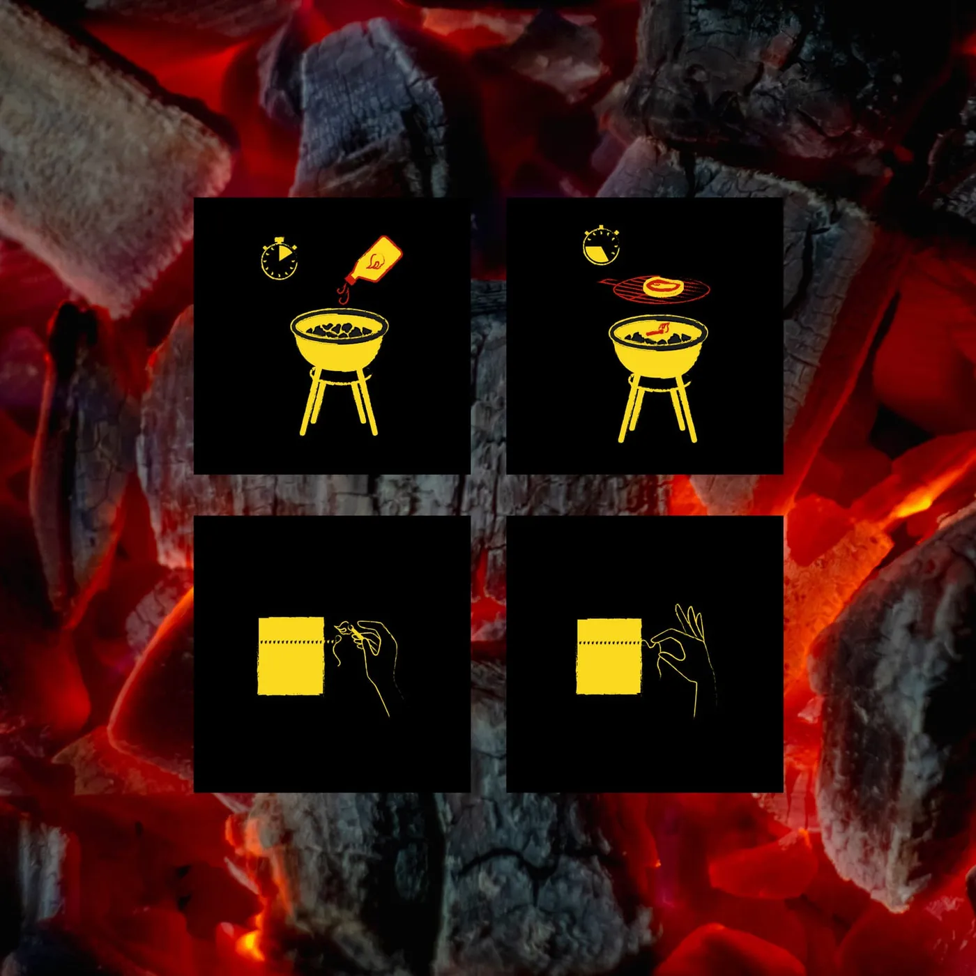 Charcoal Master - cztery piktogramy instruktażowe: rozpalanie grilla, kładzenie potrawy na ruszcie oraz otwieranie i zamykanie opakowania.