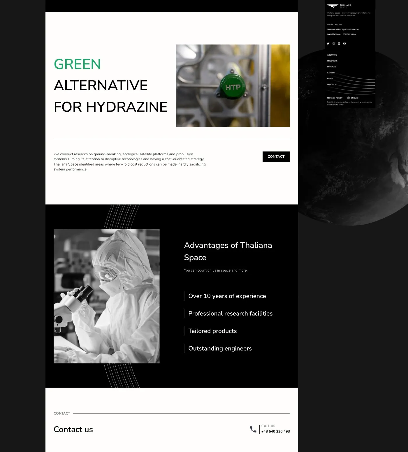 Thaliana Space - sekcja „Green alternative for hydrazine”, „Advantages of Thaliana Space” z listą atutów oraz formularz kontaktowy.