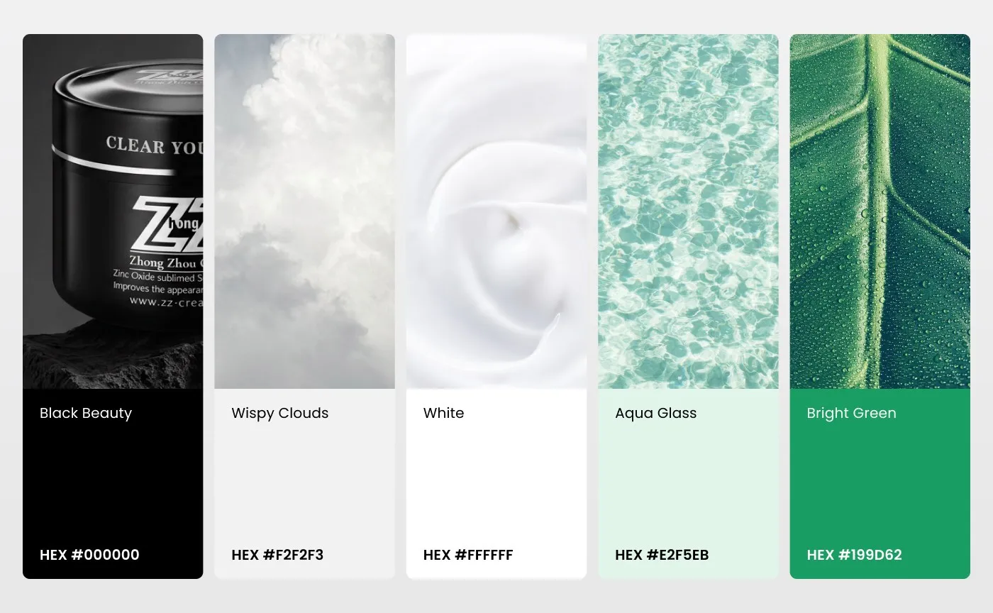 ZhongZhou - plansza identyfikacji kolorystycznej sklepu: Black Beauty (#000000), Wispy Clouds (#F2F2F3), White (#FFFFFF), Aqua Glass (#E2F5EB) i Bright Green (#199D62).