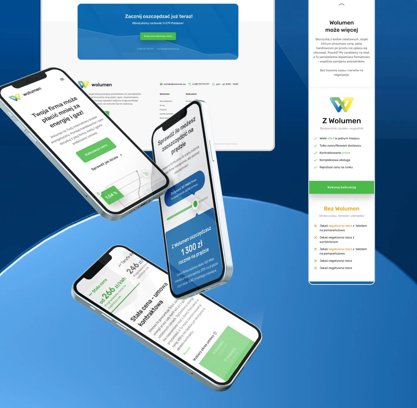 Wolumen - lista FAQ, sekcja CTA „Zacznij oszczędzać już teraz", stopka oraz makiety trzech telefonów z aplikacją; dół wersji mobilnej.