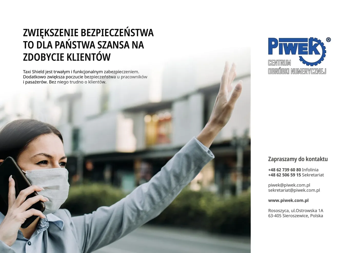 Piwek - zamykająca strona folderu ze zdjęciem kobiety w masce zatrzymującej taksówkę na ulicy oraz danymi kontaktowymi firmy.