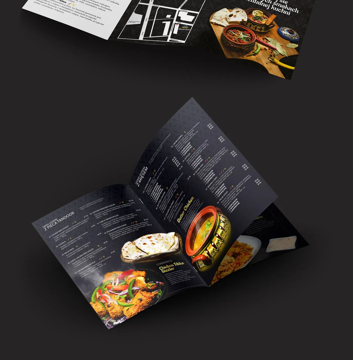 Shani Jani - trójdzielna ulotka z menu i mapą dojazdu („Rozsmakuj się w unikalnych smakach orientalnej kuchni") oraz rozłożone menu z listą dań.