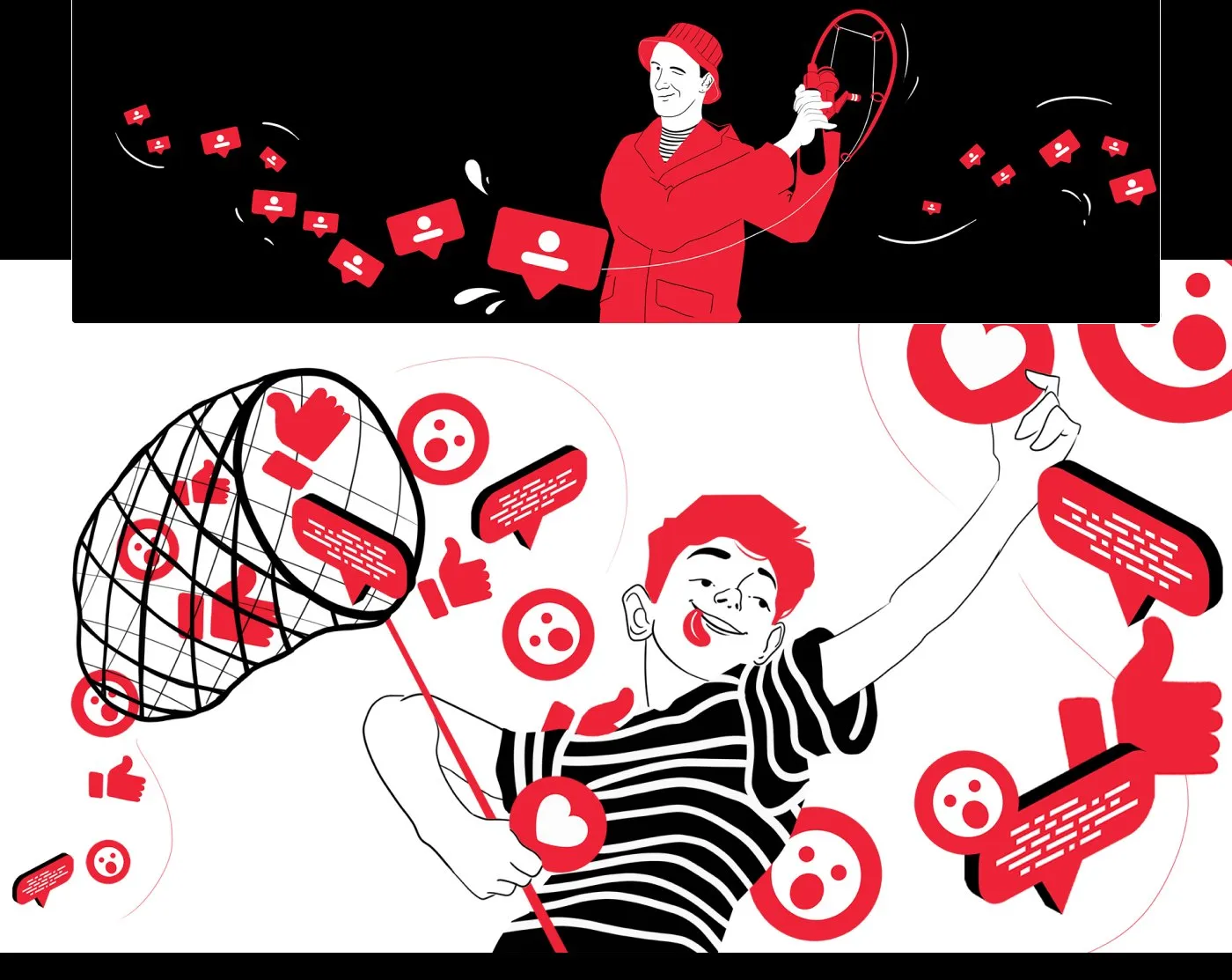 Bold - seria ilustracji przedstawiających pracę zdalną, analitykę i obsługę zamówień, w czerni i czerwieni.