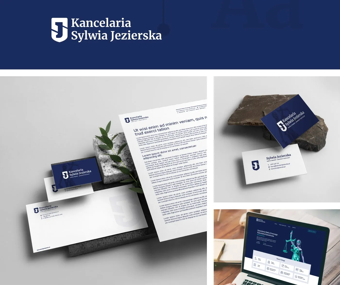 Kancelaria Sylwia Jezierska - makiety: flat-lay papeterii, wizytówki na kamieniu oraz strona internetowa kancelarii na laptopie.