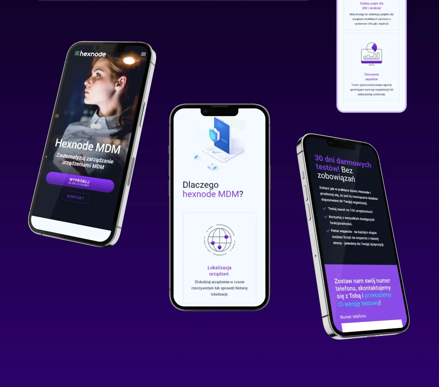 Hexnode MDM (DAGMA) - makiety strony na trzech telefonach na fioletowym tle: hero, sekcja „Dlaczego Hexnode MDM?” i blok darmowego testu.