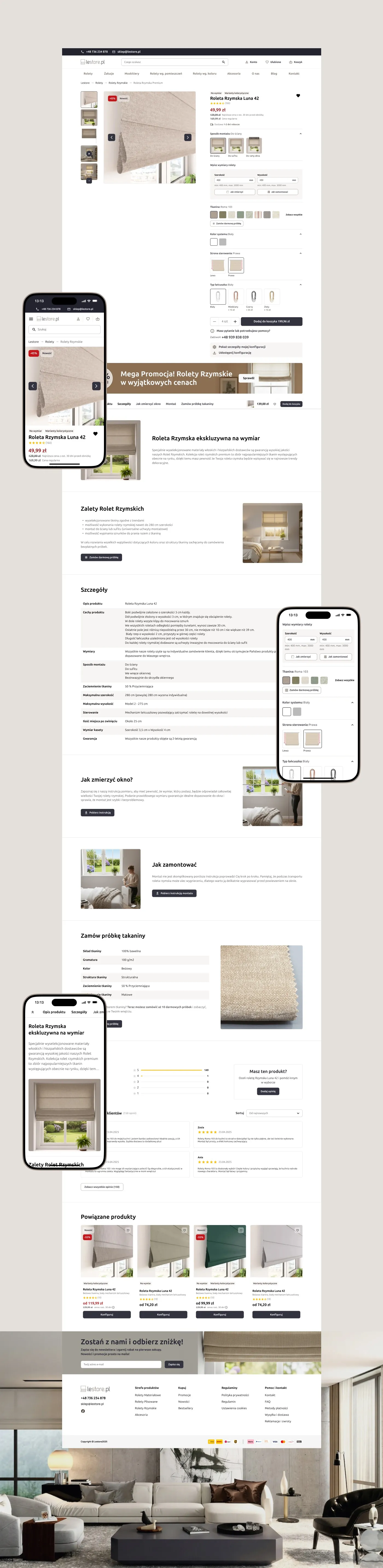 Lestore - strona produktu „Roleta Rzymska Luna 42" na desktopie i mobile: galeria, konfigurator wymiarów i tkaniny, szczegóły produktu, sekcje „Jak zmierzyć okno" i „Jak zamontować", zamówienie próbki tkaniny, opinie klientów i produkty powiązane.