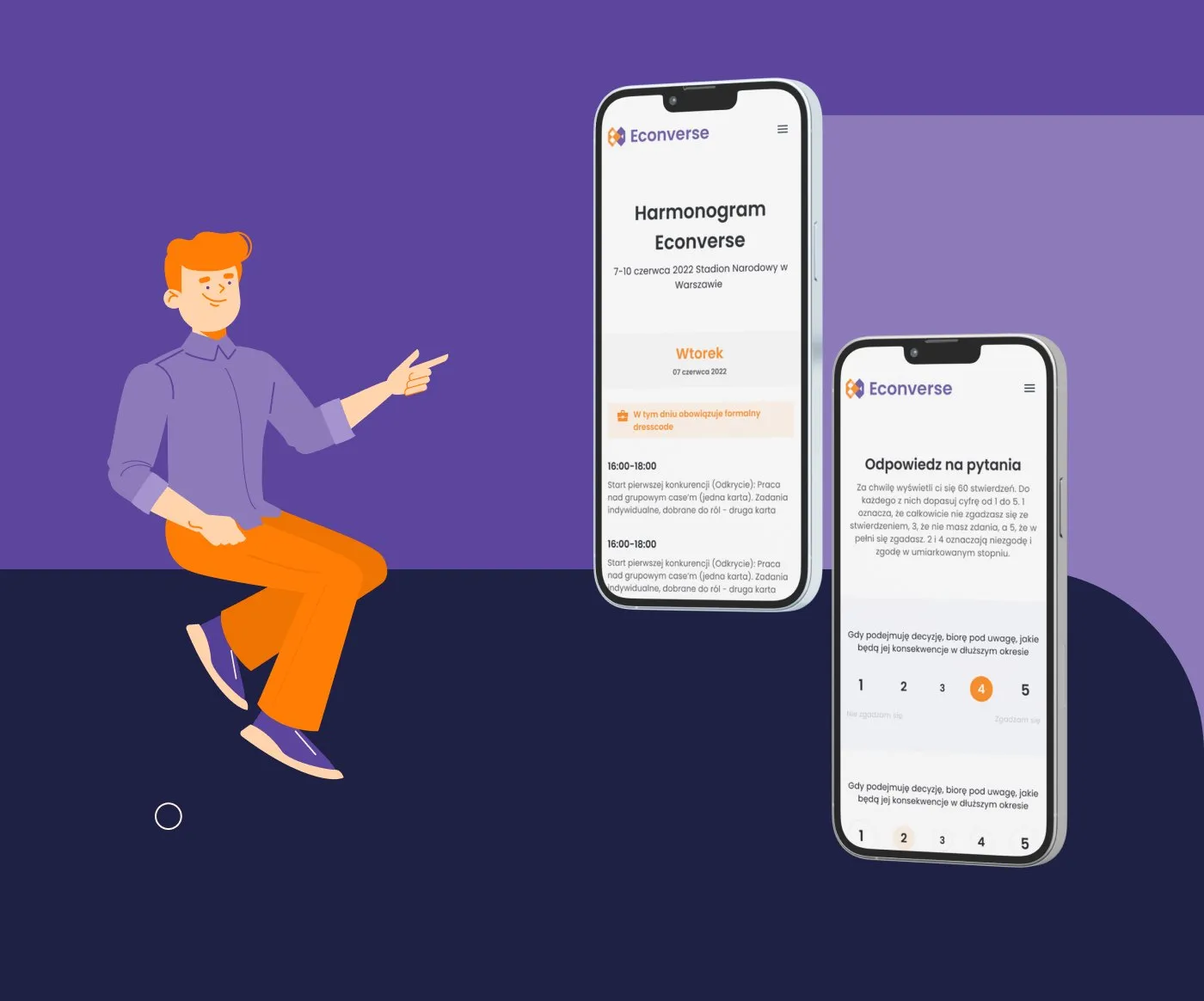Econverse - widoki mobilne strony na telefonach, z autorską ilustracją postaci na fioletowym tle.