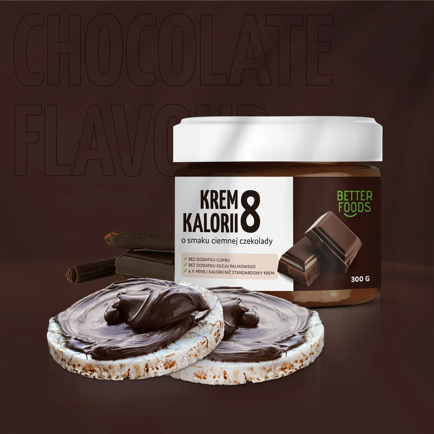 Słoik kremu Better Foods o smaku ciemnej czekolady, z kawałkami czekolady i ryżowymi wafelkami posmarowanymi kremem, na brązowym tle z napisem „Chocolate Flavour".