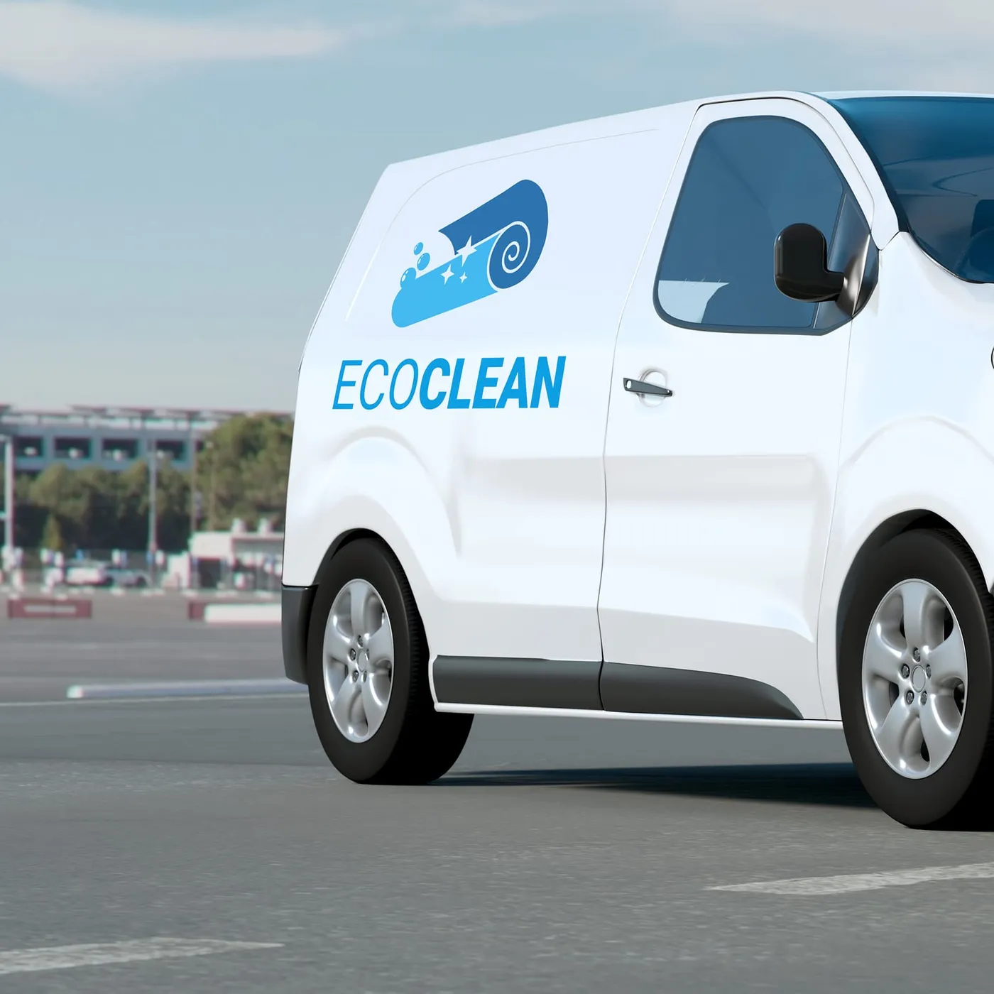 EcoClean - wizualizacja firmowego busa z logo i nazwą marki na drzwiach.