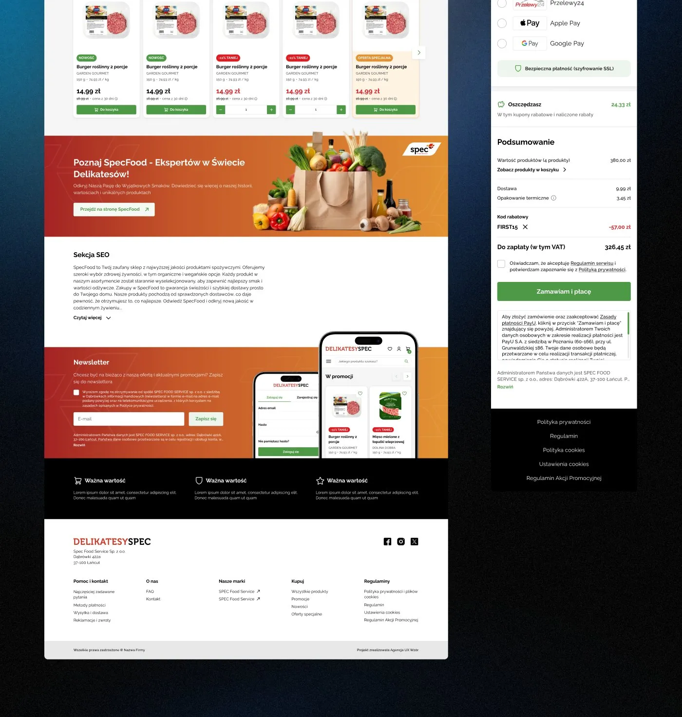 SPEC Food - dalsze sekcje sklepu, blok „Poznaj SpecFood - Ekspertów w świecie delikatesów", zapis do newslettera i stopka; obok mobilny widok koszyka i płatności.