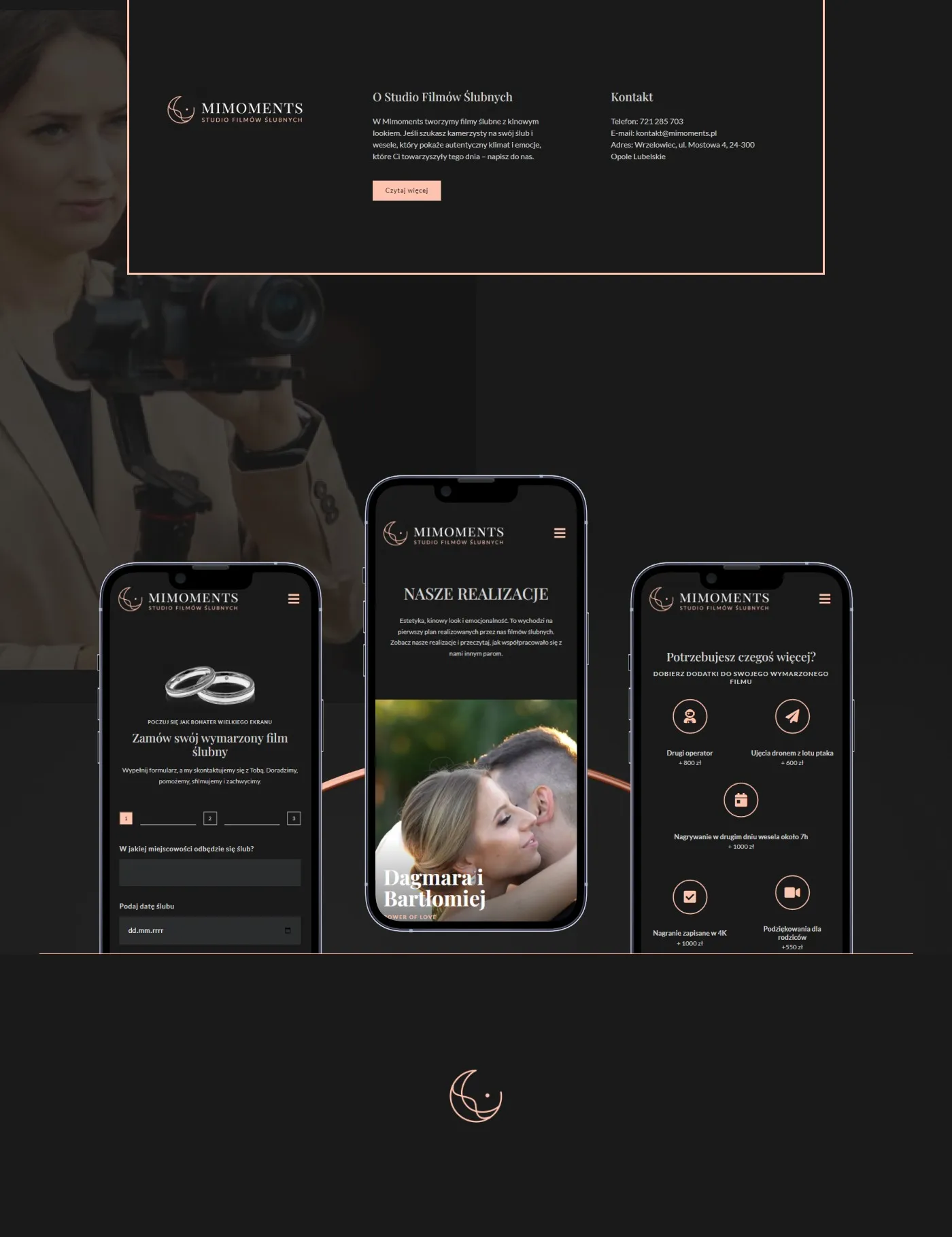 Mimoments - formularz rezerwacji terminu, dane kontaktowe studia, sekcja mobile mockupów (3 ekrany telefonu) i stopka