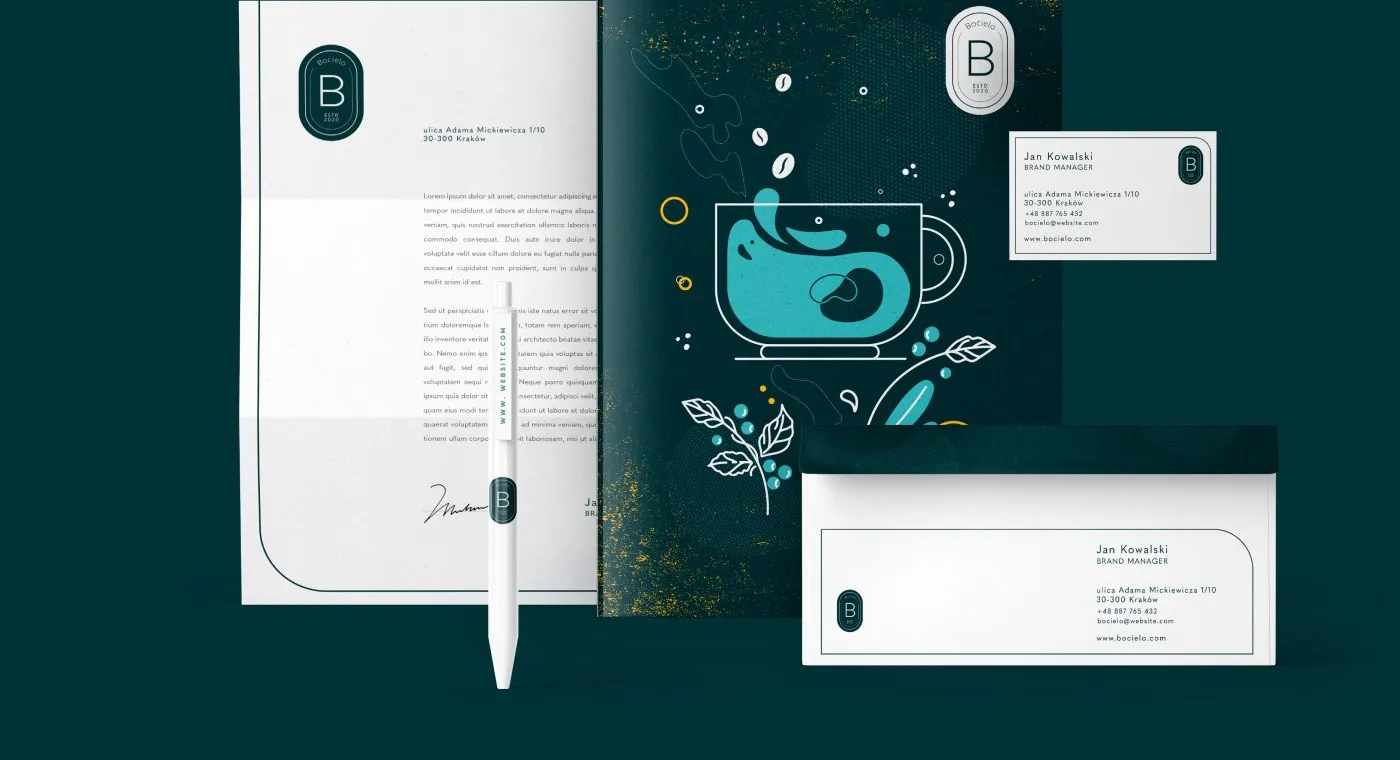 Bocielo - papeteria firmowa: papier firmowy z ilustracją filiżanki, koperta i wizytówki z monogramem „B".