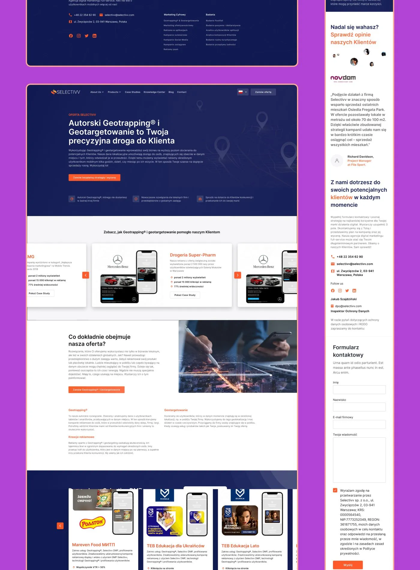 Selectivv - podstrona oferty „Autorski Geotrapping® i Geotargetowanie" z karuzelą case studies (m.in. Mercedes-Benz, Drogeria Super-Pharm) i opisem zakresu usługi.