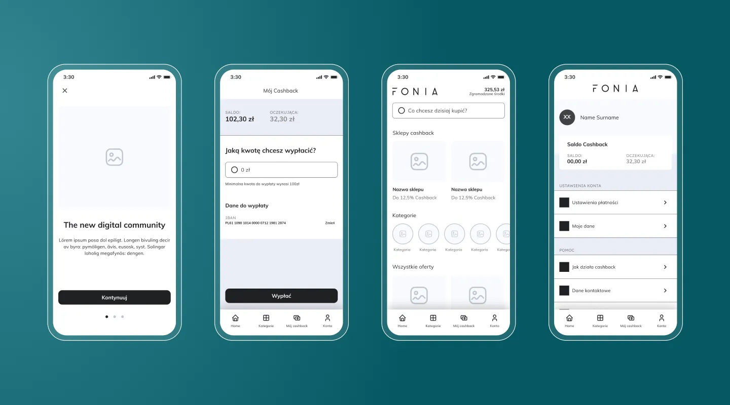 Screens for managing cashback, payouts and account settings.