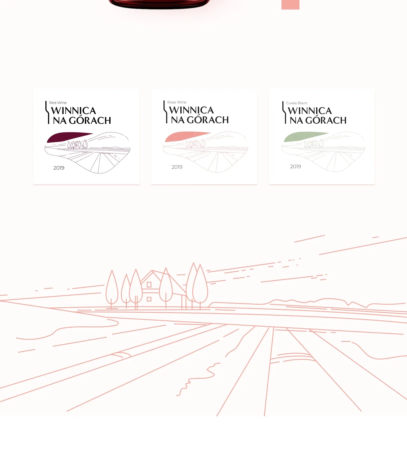 Winnica na Górach - warianty kolorystyczne etykiet (burgund, koral, zieleń) oraz liniowa ilustracja winnicy z domem i cyprysami.