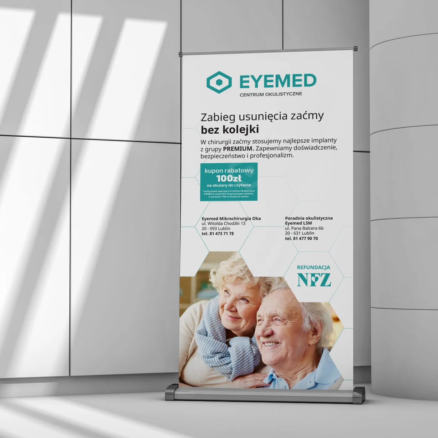 EYEMED - roll-up kampanii zaćmowej z opisem zabiegu, danymi poradni i kuponem 100 zł.
