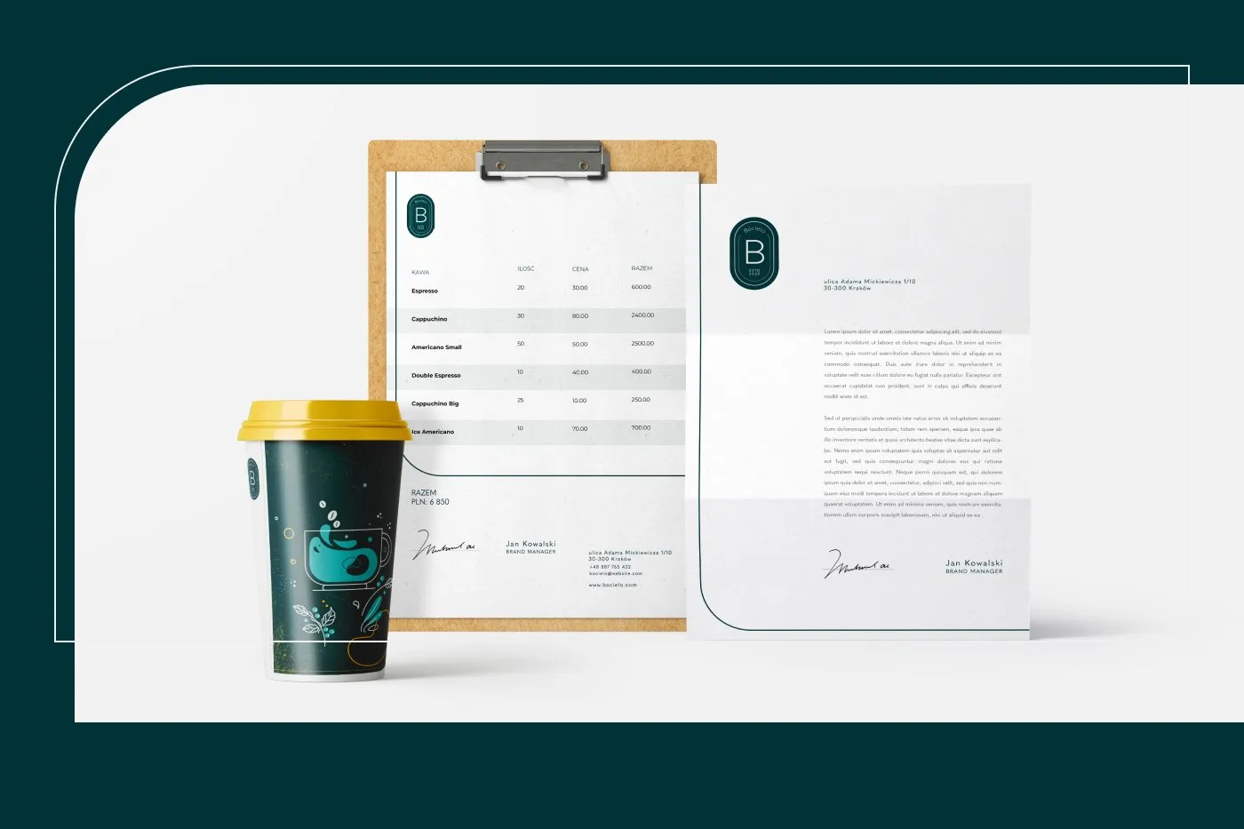 Bocielo - podkładka z klipsem z cennikiem, papier firmowy i kubek to-go w jasnej aranżacji flat-lay.