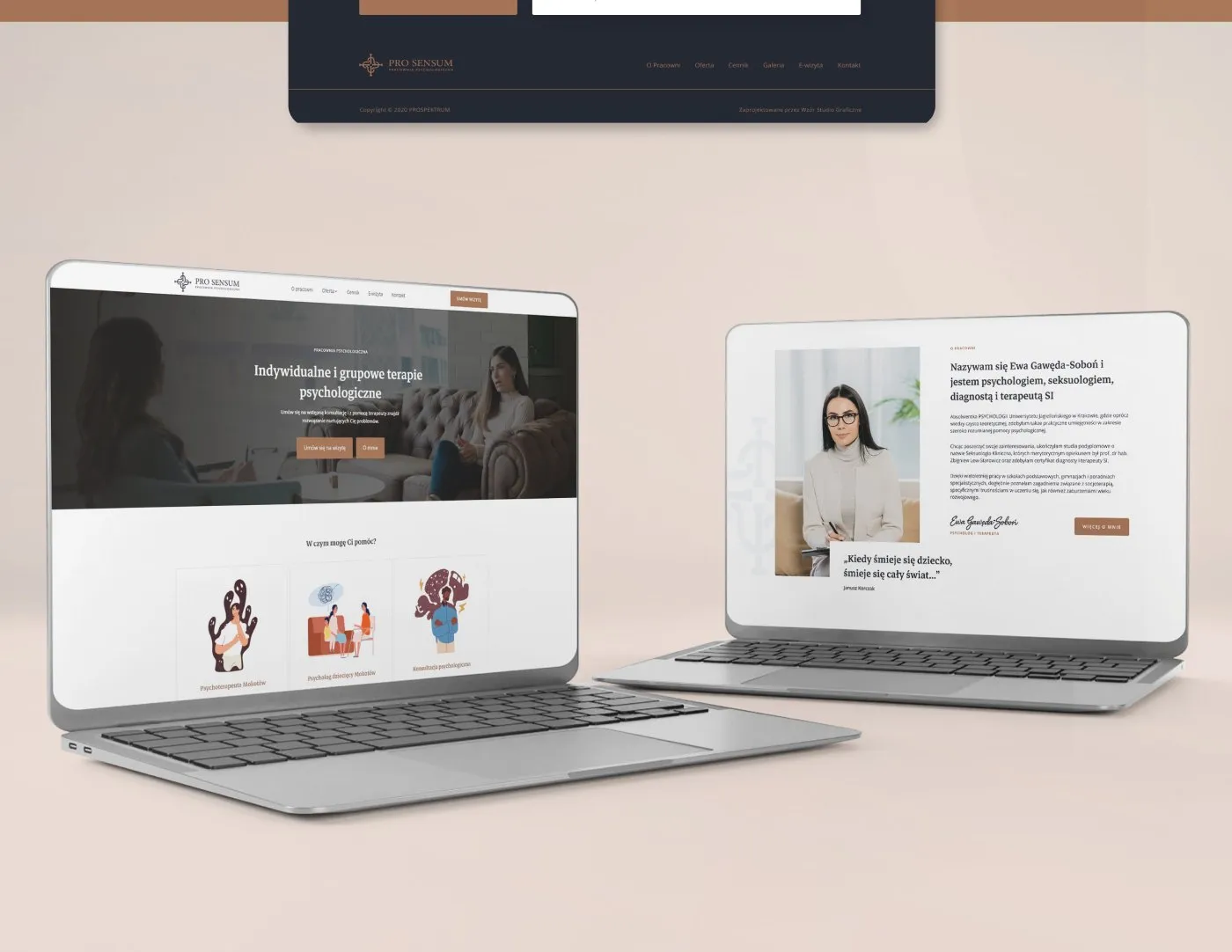 Pro Sensum - makiety serwisu na dwóch laptopach: strona główna z ilustracjami oraz sekcja o terapeutce, na jasnym tle.