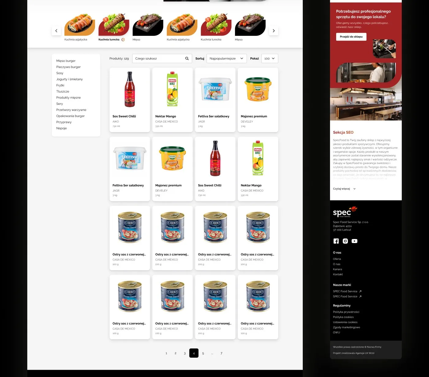 SPEC Food Service - katalog „Produkty" z filtrami kategorii, listą produktów z cenami i zdjęciami oraz stopka serwisu.
