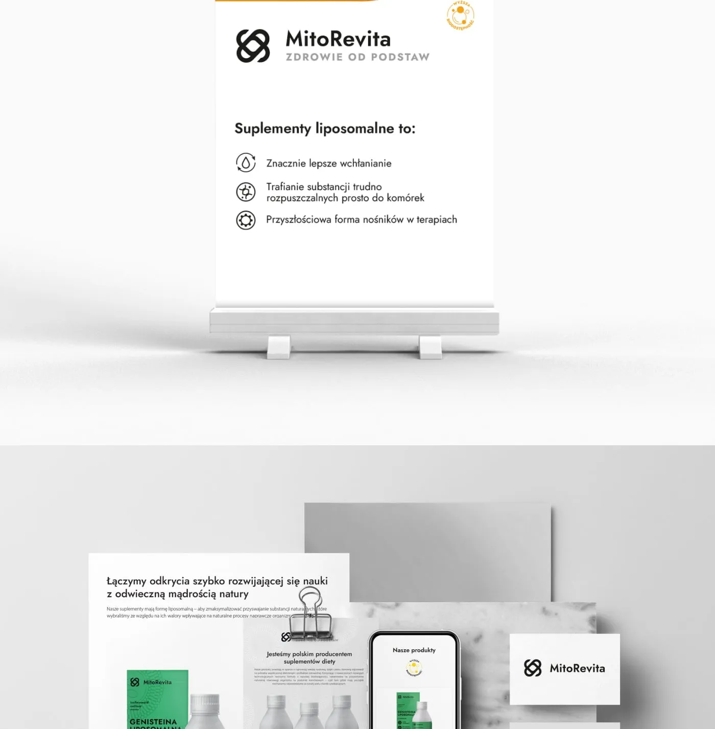 MitoRevita - roll-up „Suplementy liposomalne" z adresem mitorevita.pl oraz flat-lay materiałów: broszura, wizytówki, koperta i telefon.